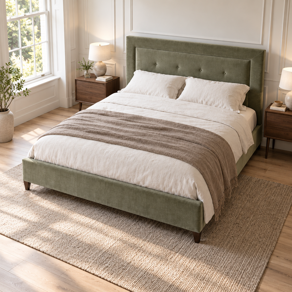 CK Living Amoret upholstered bed in muted sage velvet — elevated lifestyle view