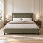 CK Living Amoret upholstered bed in muted sage velvet — front lifestyle view