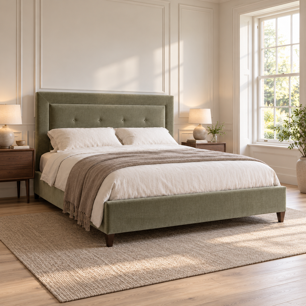 CK Living Amoret upholstered bed in muted sage velvet — opposite angle lifestyle view
