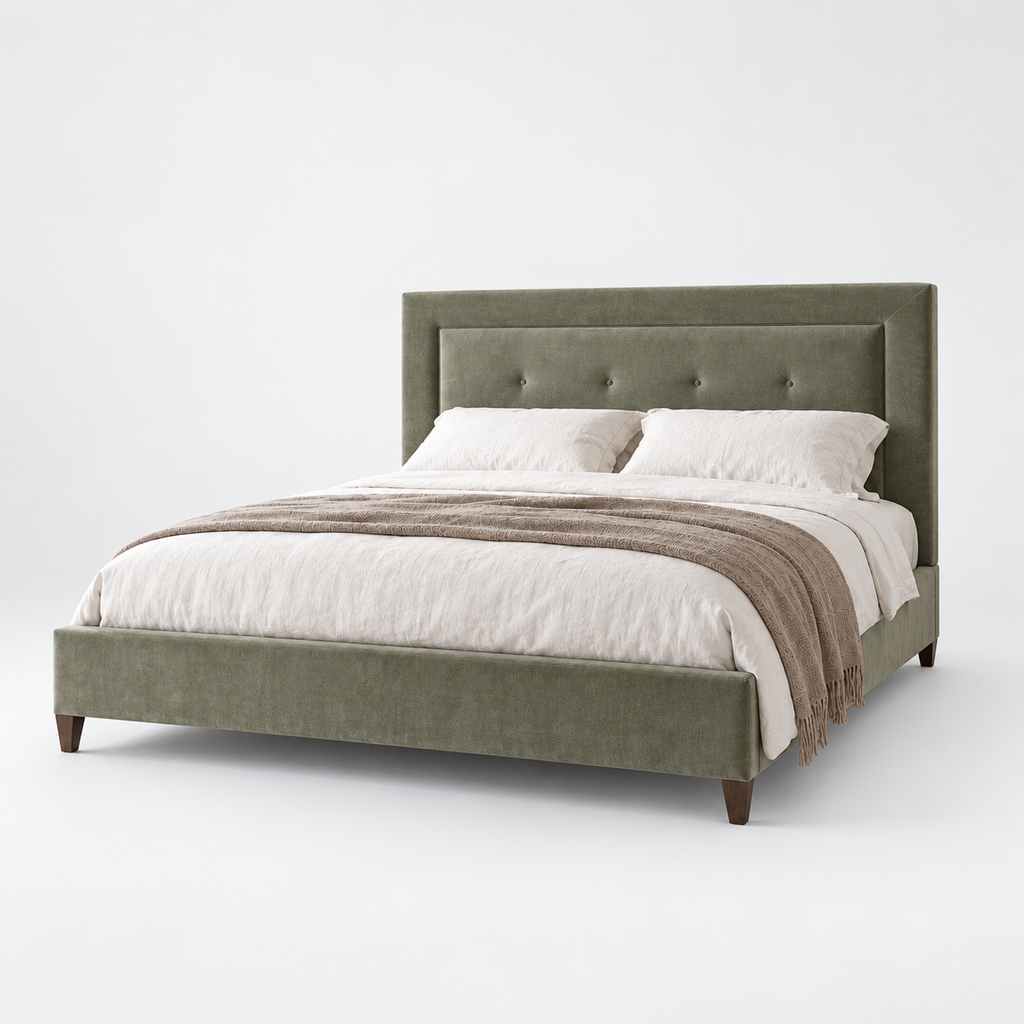 CK Living Amoret upholstered bed in muted sage velvet — plain cold-white grey background