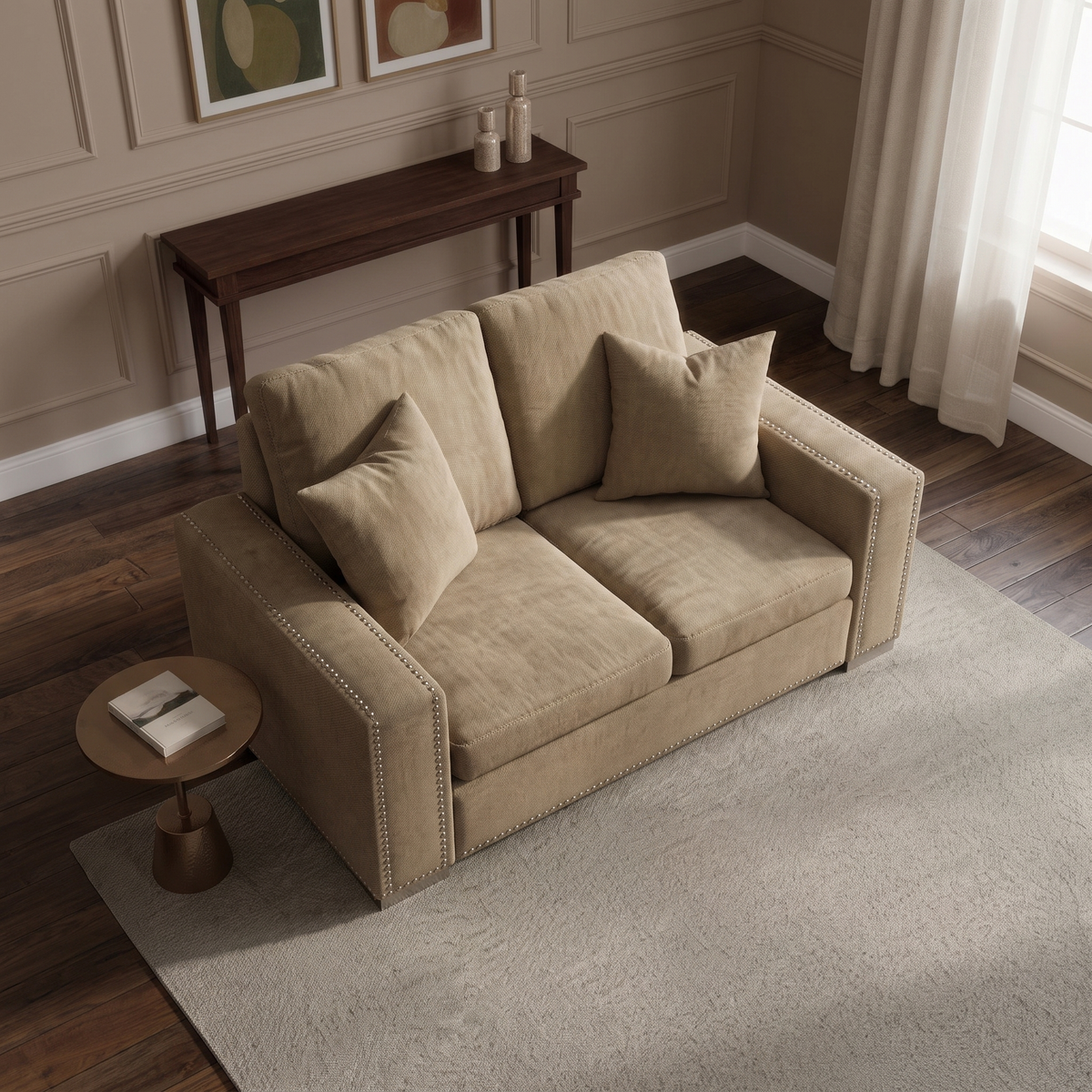 Aria 2 Seater Sofa — elevated camera view in a warm stone and walnut living room