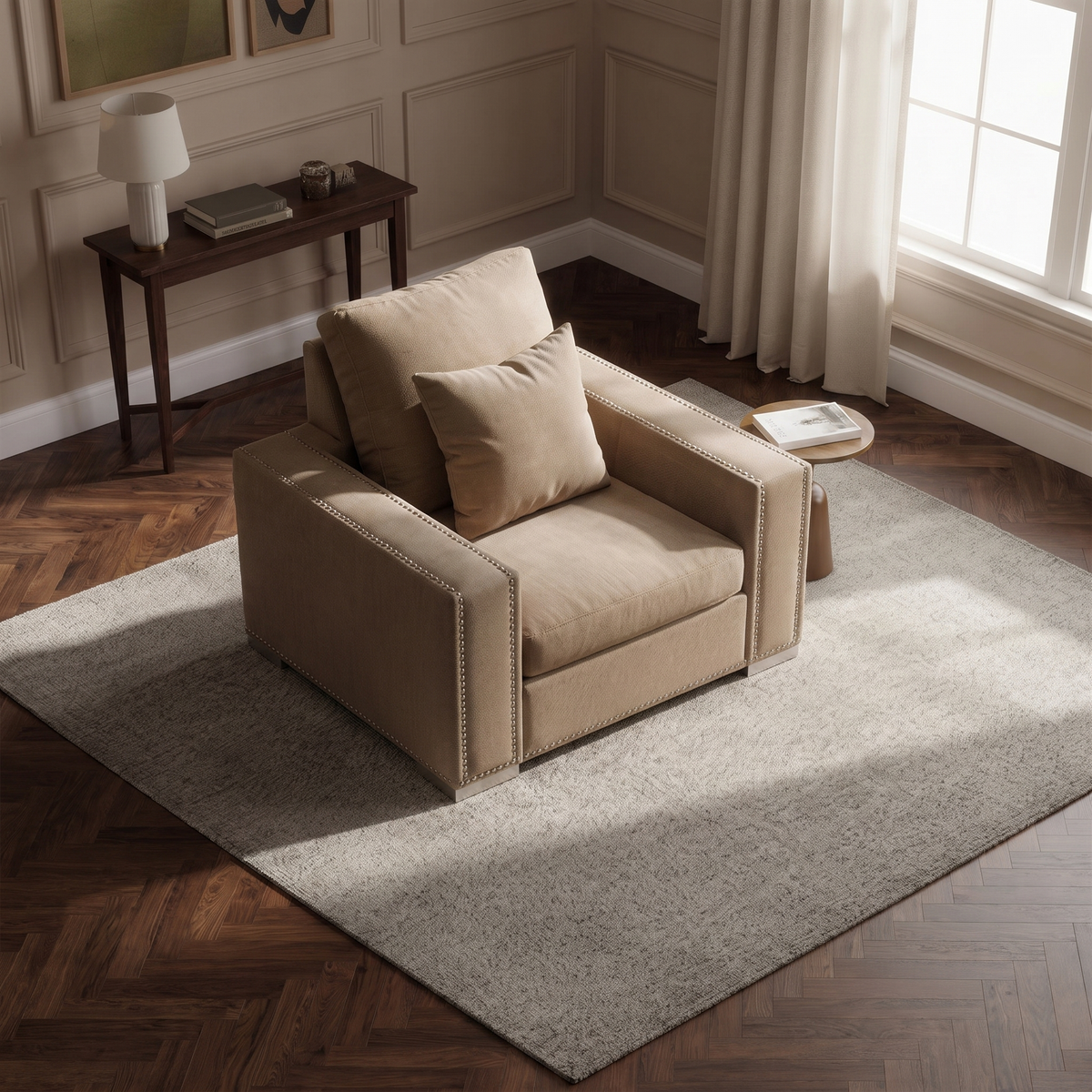 Aria Armchair — elevated camera view in a warm stone and walnut living room