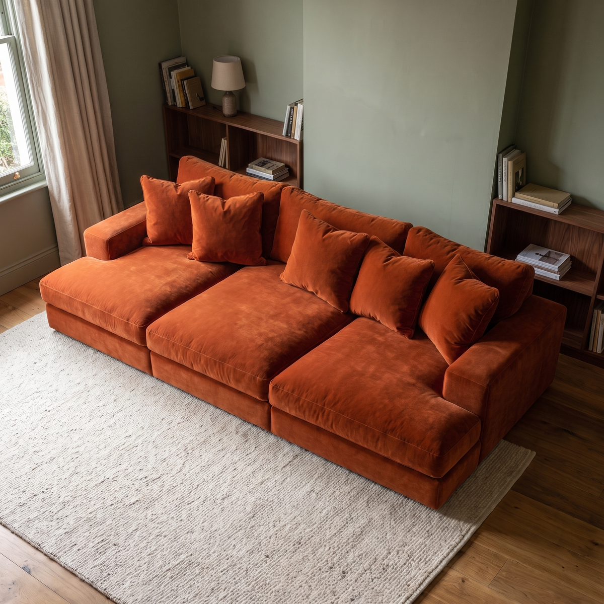 Aria Cinema Sofa — elevated camera view in its moss-green living room