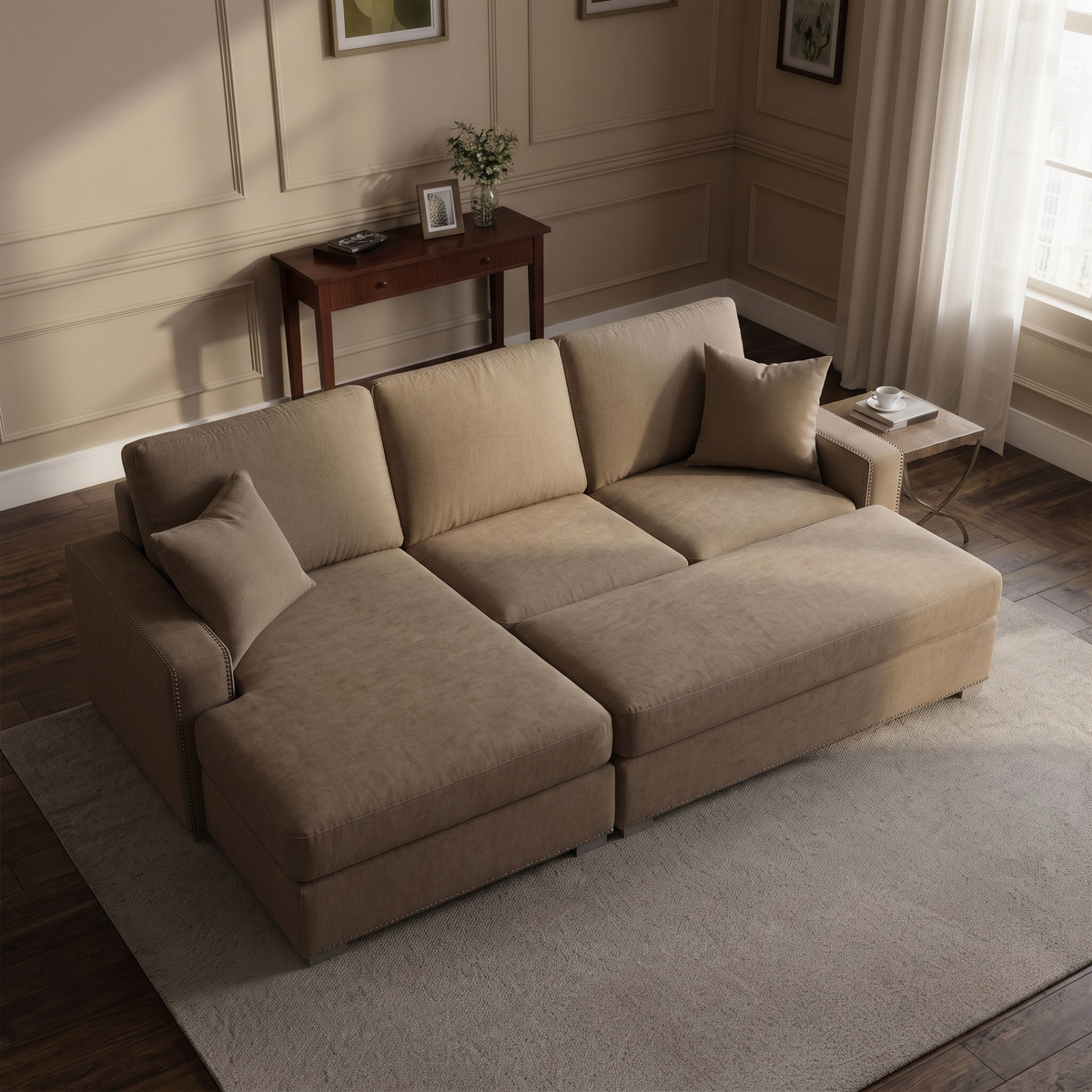 Aria Corner Sofa Bed Bundle — elevated camera view in a warm stone and walnut living room