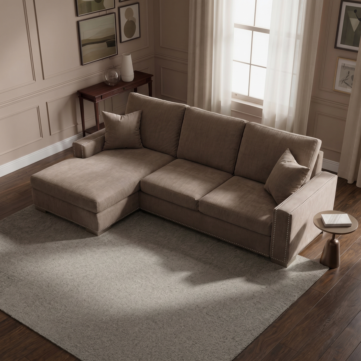 Aria Corner Sofa — elevated camera view in a warm stone and walnut living room