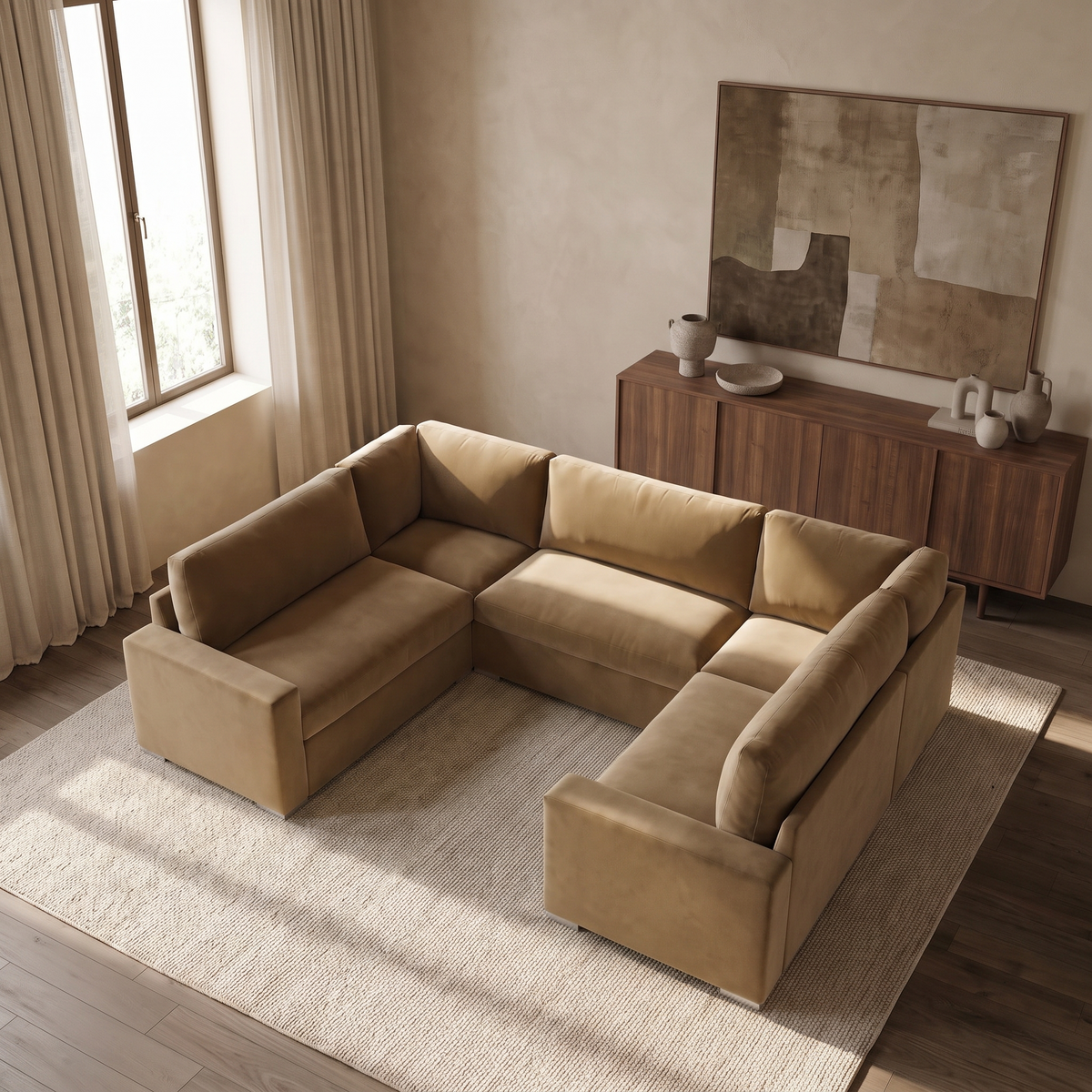 Aria Premium U-Shape Sofa — elevated camera view in a warm stone and walnut living room