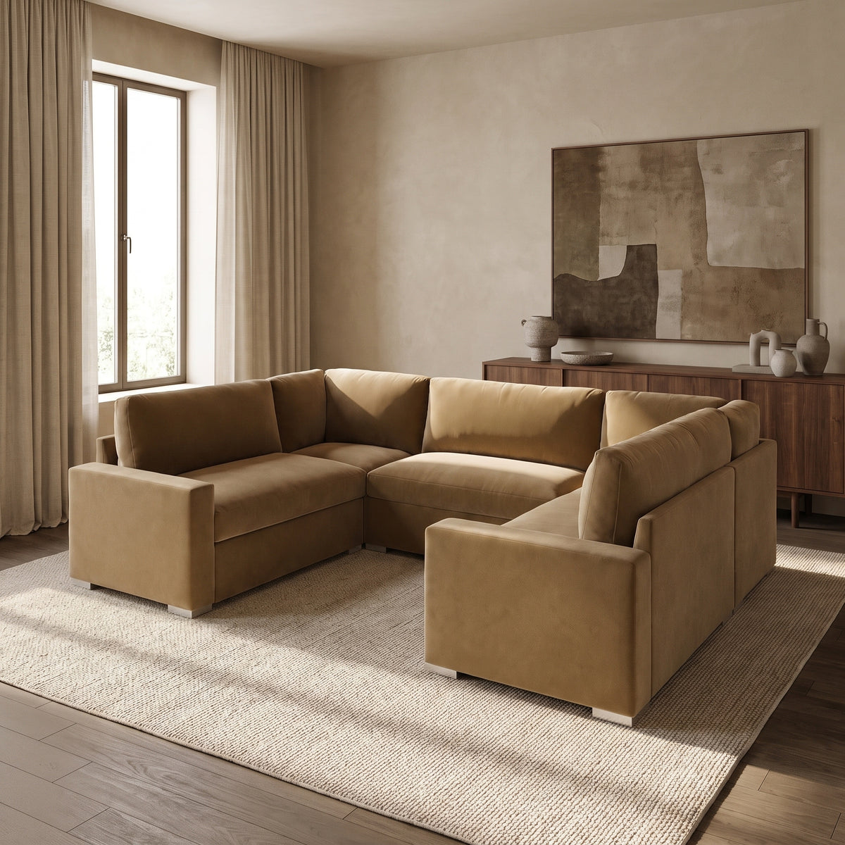 Aria Premium U-Shape Sofa — main lifestyle view in a warm stone and walnut living room