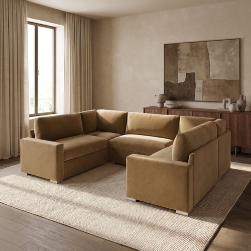 Aria Premium U-Shape Sofa — main lifestyle view in a warm stone and walnut living room