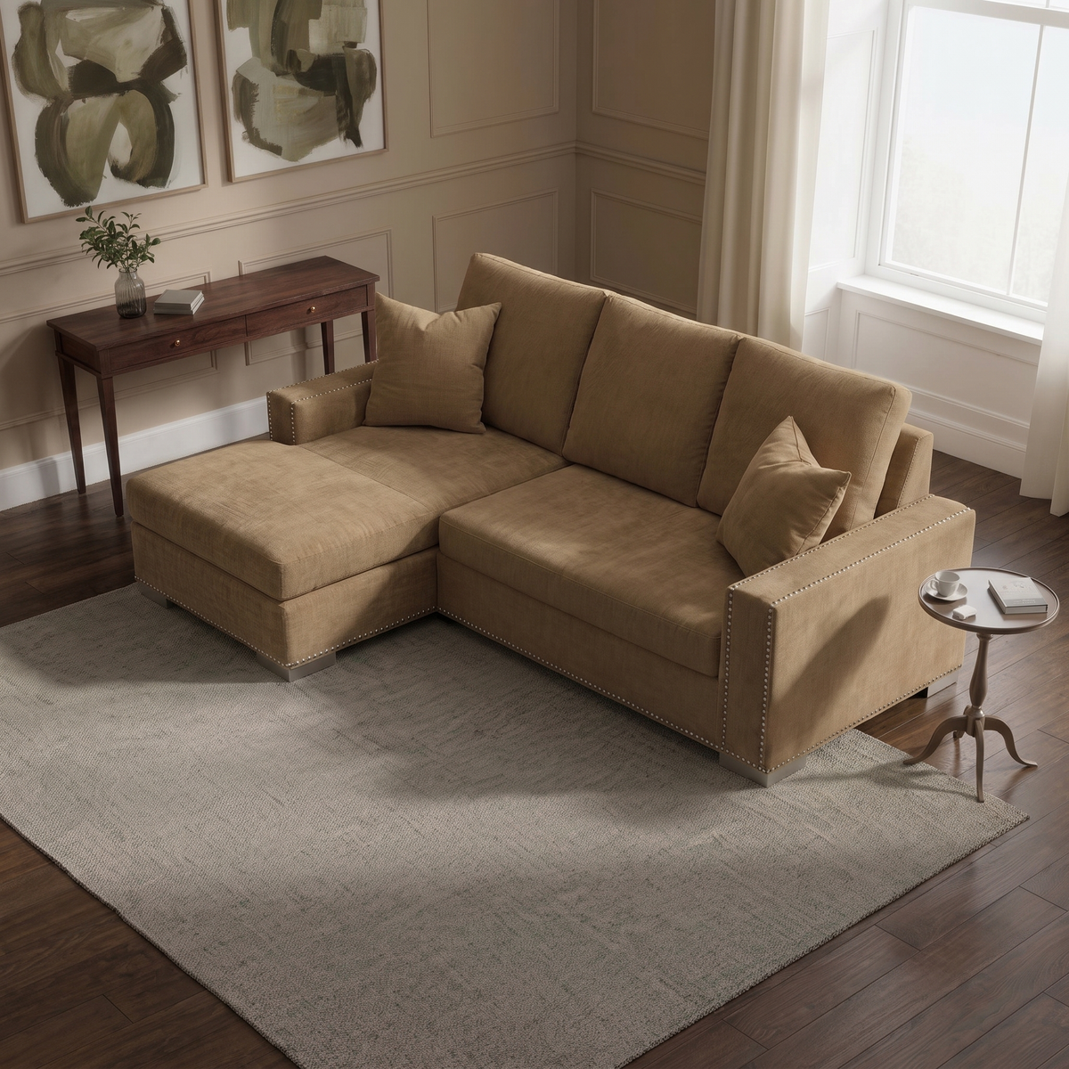 Aria Small Corner Sofa — elevated camera view in a warm stone and walnut living room