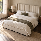 CK Living Arundel upholstered bed in warm ivory textured weave — elevated lifestyle view