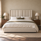CK Living Arundel upholstered bed in warm ivory textured weave — front lifestyle view