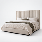 CK Living Arundel upholstered bed in warm ivory textured weave — plain cold-white grey background