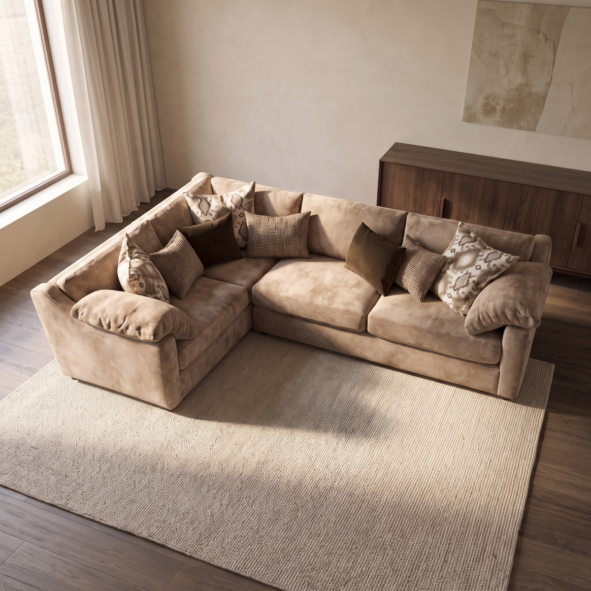 Ashbourne 1 Corner 3 Seater Sofa — elevated camera view in a warm stone and walnut living room