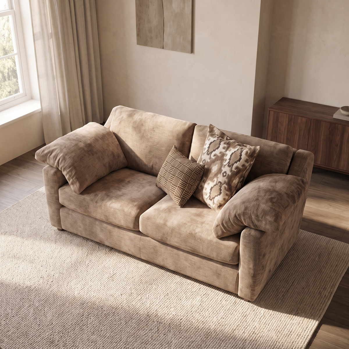 Ashbourne 2 Seater Sofa — elevated camera view in a warm stone and walnut living room