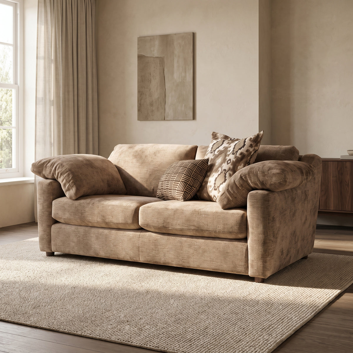 Ashbourne 2 Seater Sofa — main lifestyle view in a warm stone and walnut living room