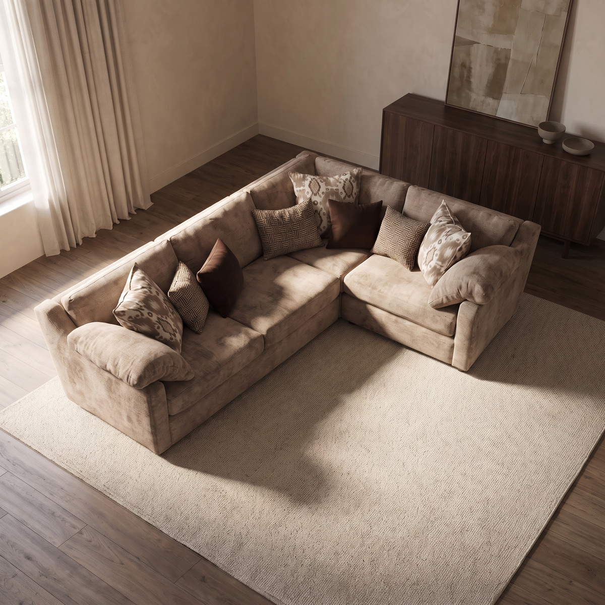 Ashbourne 3 Corner 1 Seater Sofa — elevated camera view in a warm stone and walnut living room