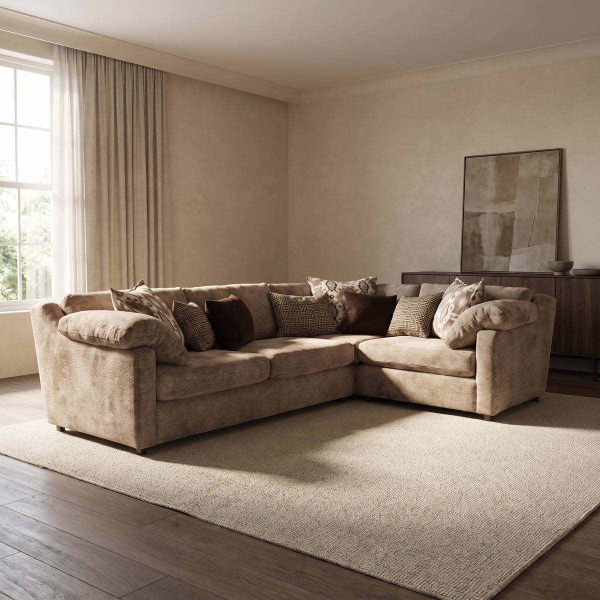 Ashbourne 3 Corner 1 Seater Sofa — main lifestyle view in a warm stone and walnut living room