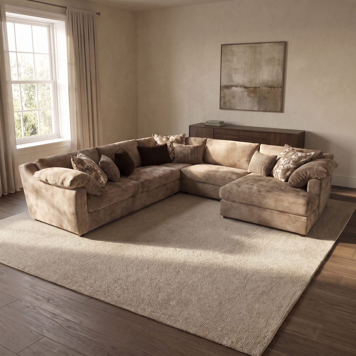 Ashbourne 3 Corner 3 Chaise Sofa — elevated camera view in a warm stone and walnut living room