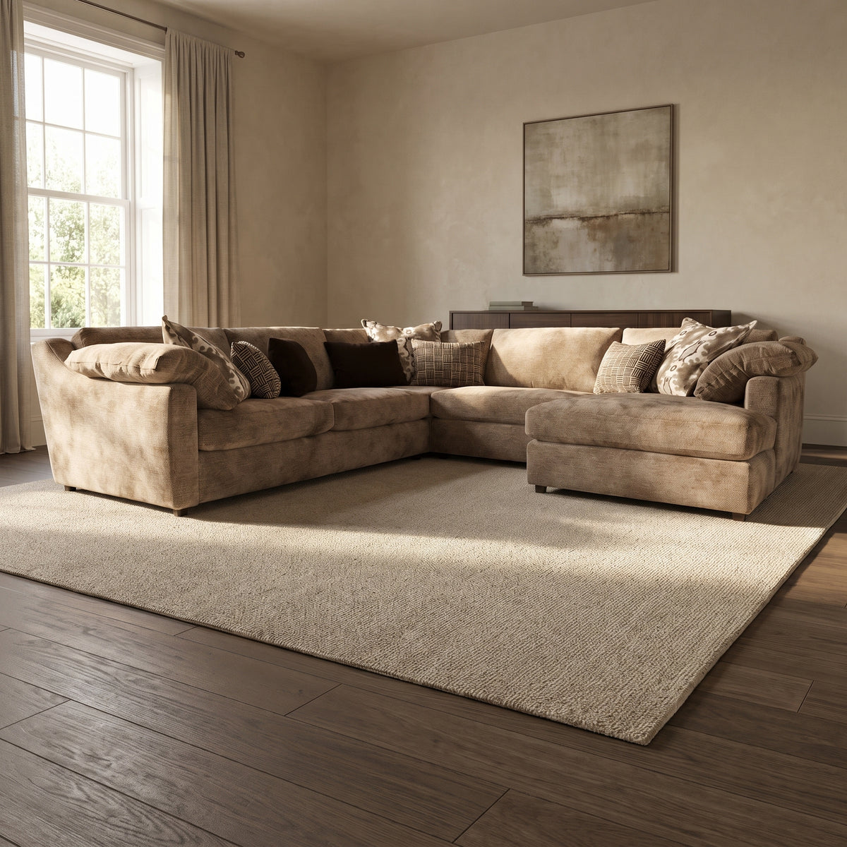 Ashbourne 3 Corner 3 Chaise Sofa — main lifestyle view in a warm stone and walnut living room