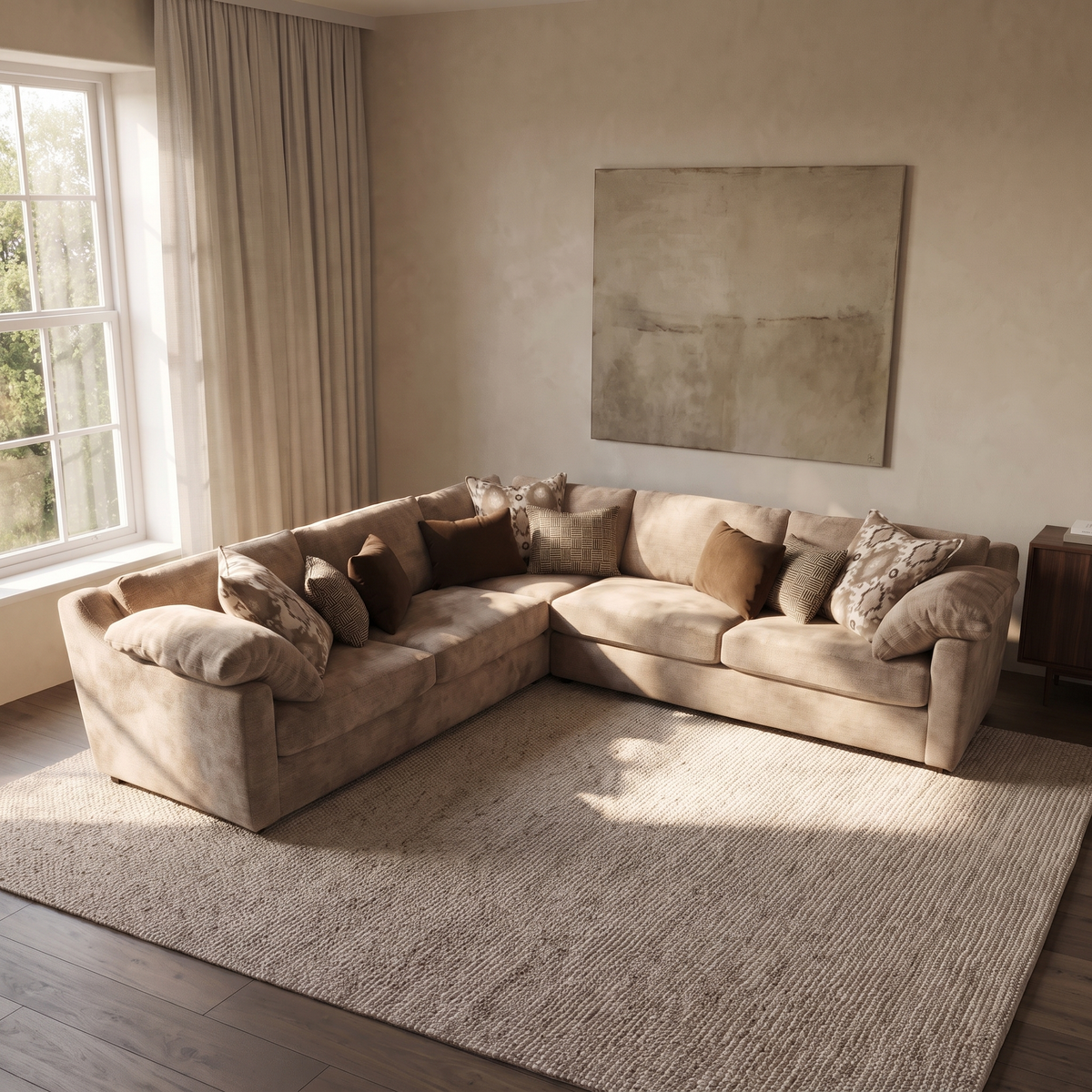 Ashbourne 3 Corner 3 Seater Sofa — elevated camera view in a warm stone and walnut living room