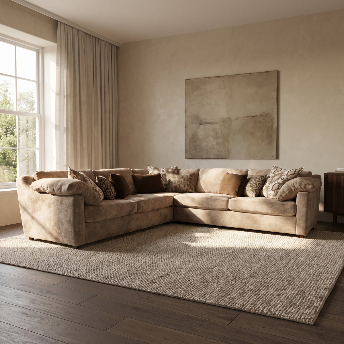 Ashbourne 3 Corner 3 Seater Sofa — main lifestyle view in a warm stone and walnut living room