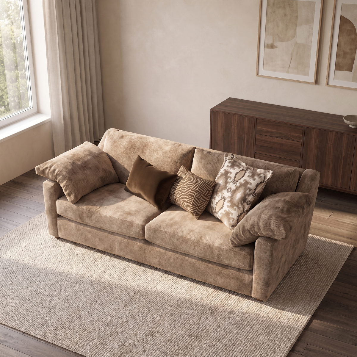 Ashbourne 3 Seater Sofa — elevated camera view in a warm stone and walnut living room