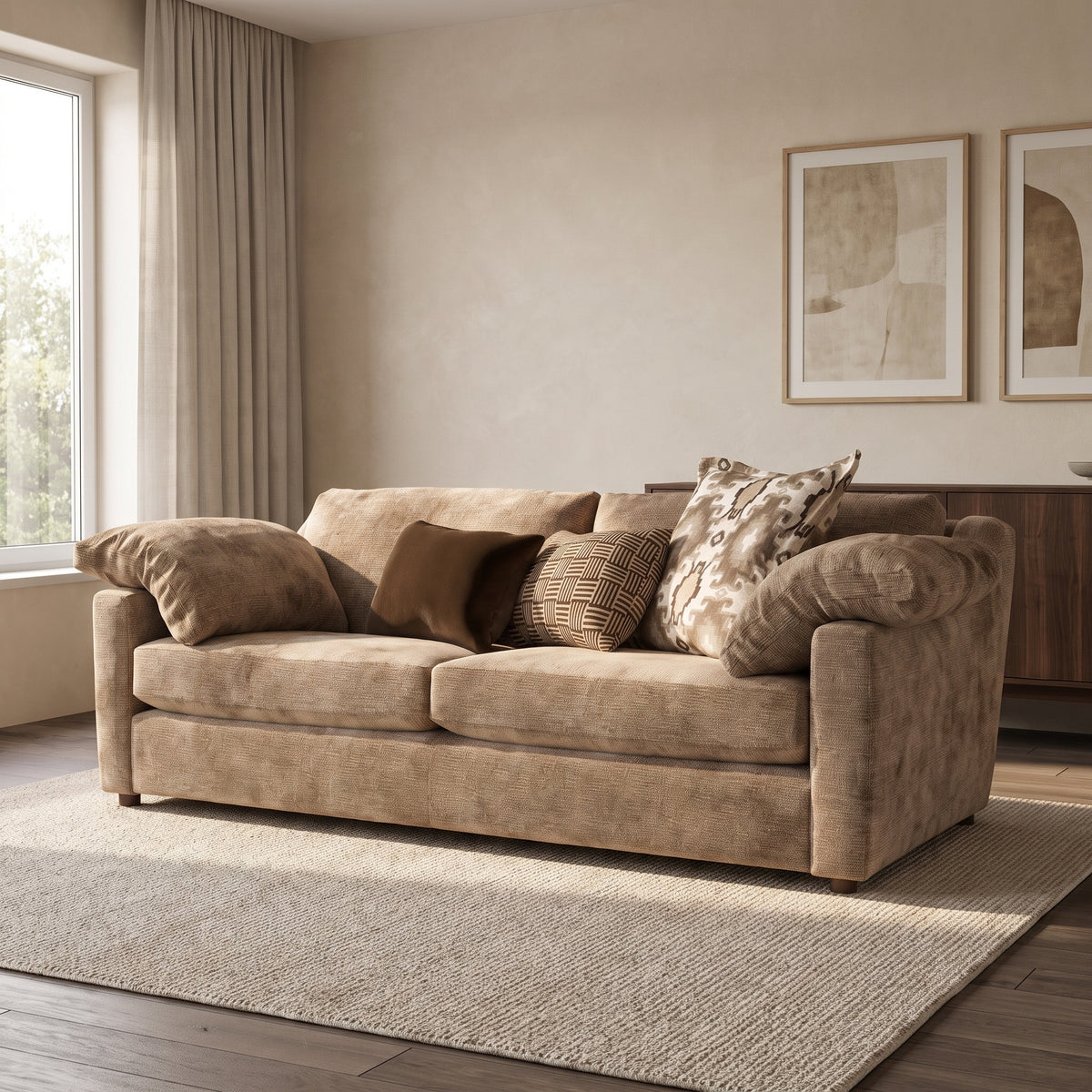 Ashbourne 3 Seater Sofa — main lifestyle view in a warm stone and walnut living room