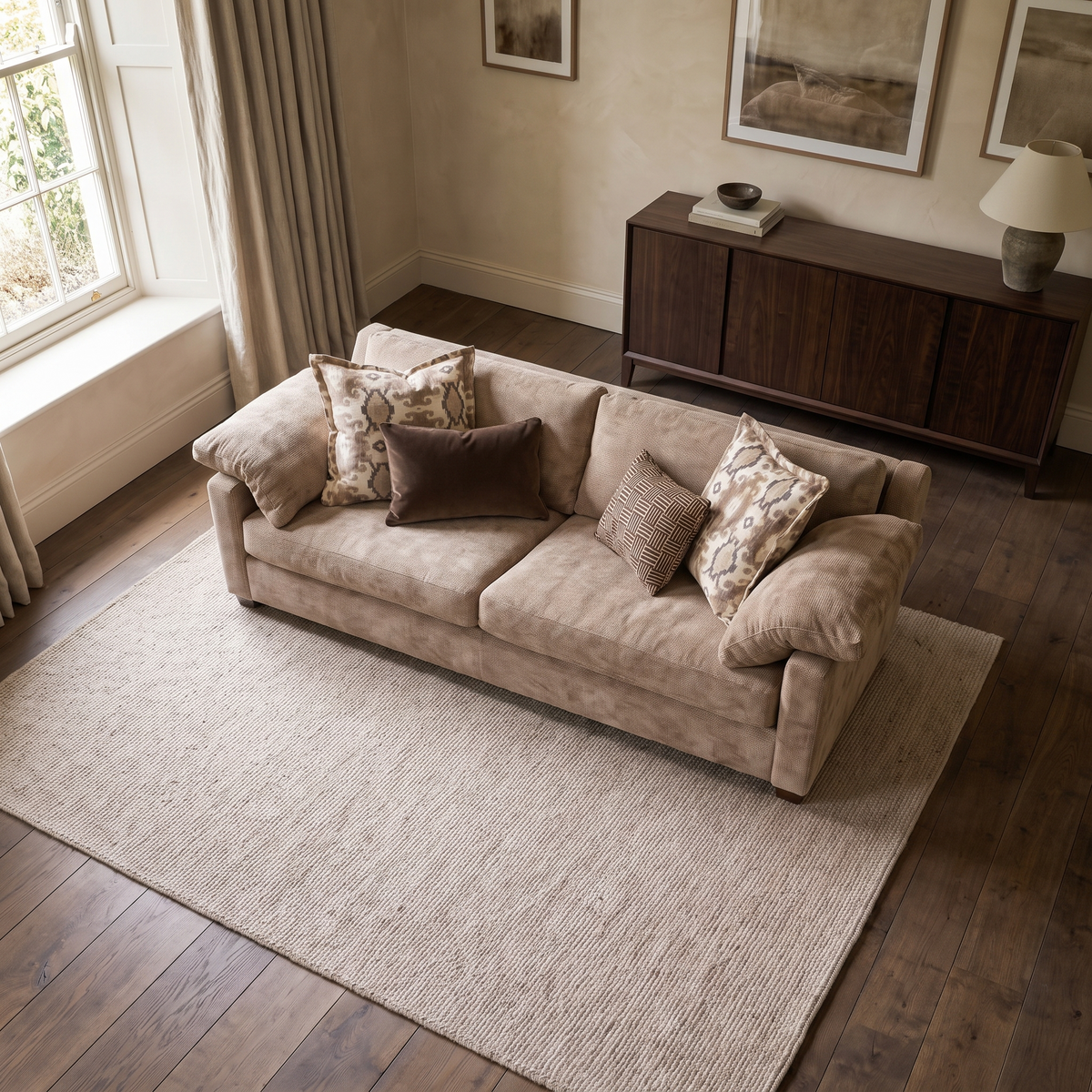 Ashbourne 4 Seater Sofa — elevated camera view in a warm stone and walnut living room