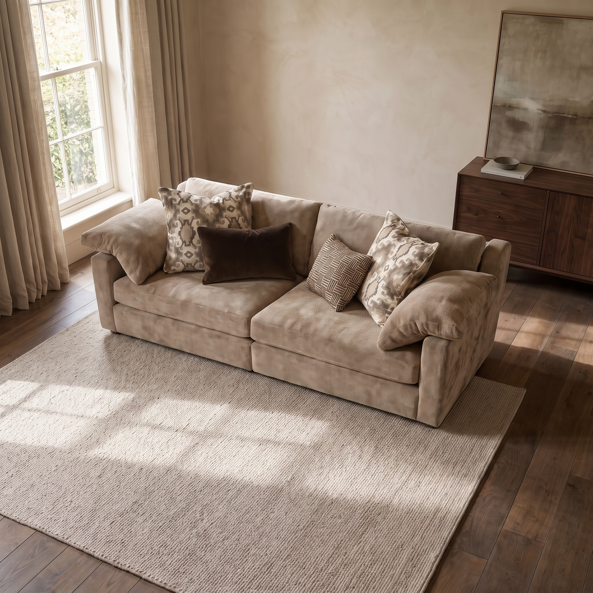 Ashbourne 4 Seater Split Sofa — elevated camera view in a warm stone and walnut living room