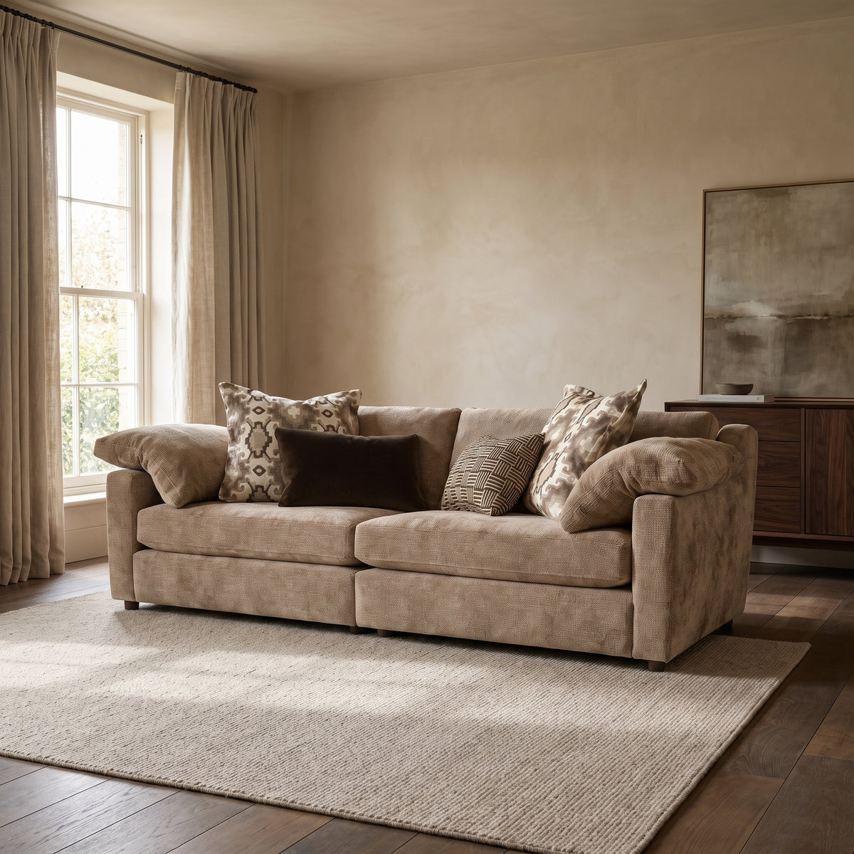 Ashbourne 4 Seater Split Sofa — main lifestyle view in a warm stone and walnut living room