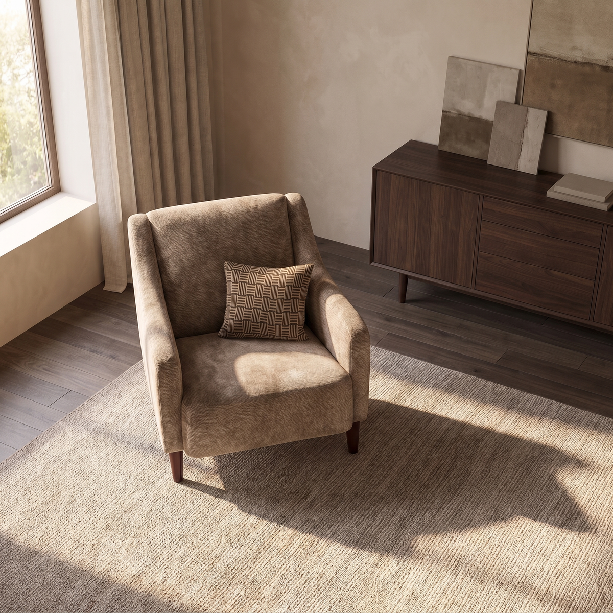 Ashbourne Accent Chair — elevated camera view in a warm stone and walnut living room