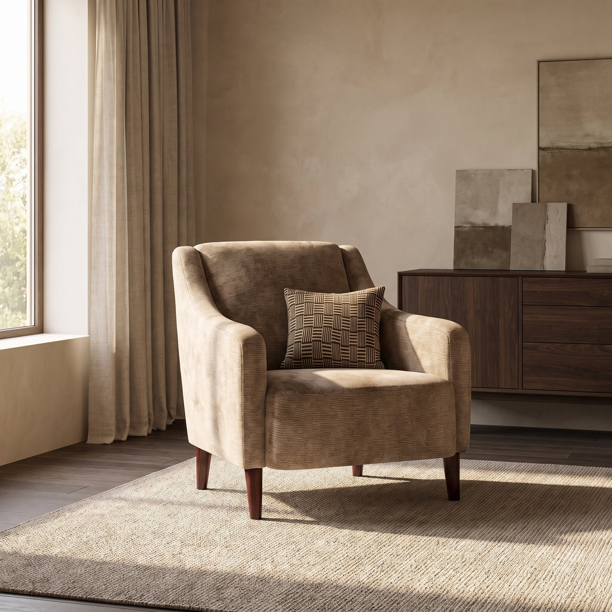 Ashbourne Accent Chair — main lifestyle view in a warm stone and walnut living room
