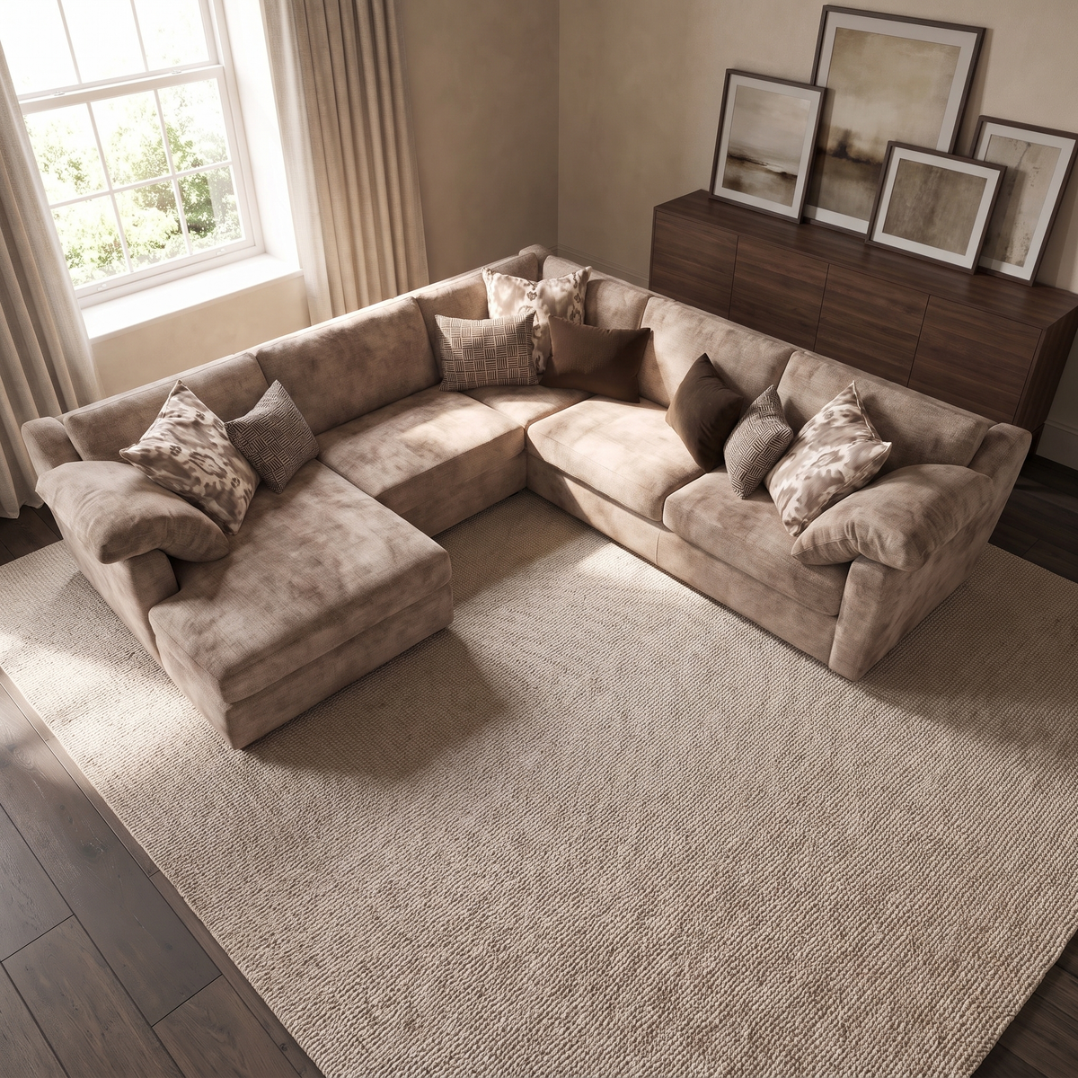 Ashbourne Chaise 3 Corner 3 Sofa — elevated camera view in a warm stone and walnut living room