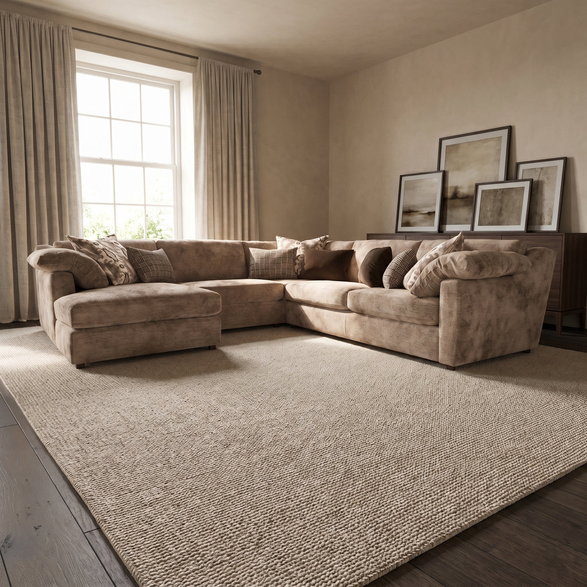 Ashbourne Chaise 3 Corner 3 Sofa — main lifestyle view in a warm stone and walnut living room