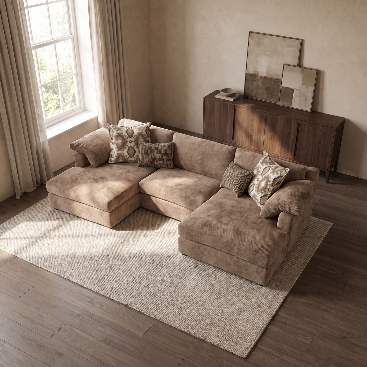 Ashbourne Grande Double Chaise Sofa — elevated camera view in a warm stone and walnut living room