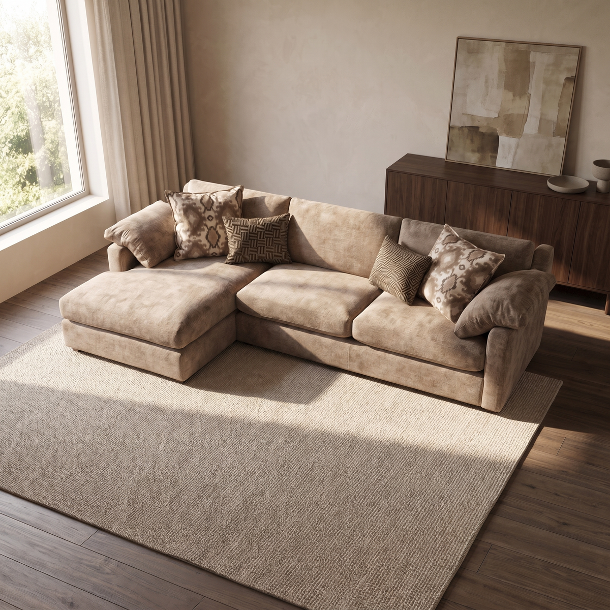 Ashbourne Grande Left Hand Facing Chaise Sofa — elevated camera view in a warm stone and walnut living room