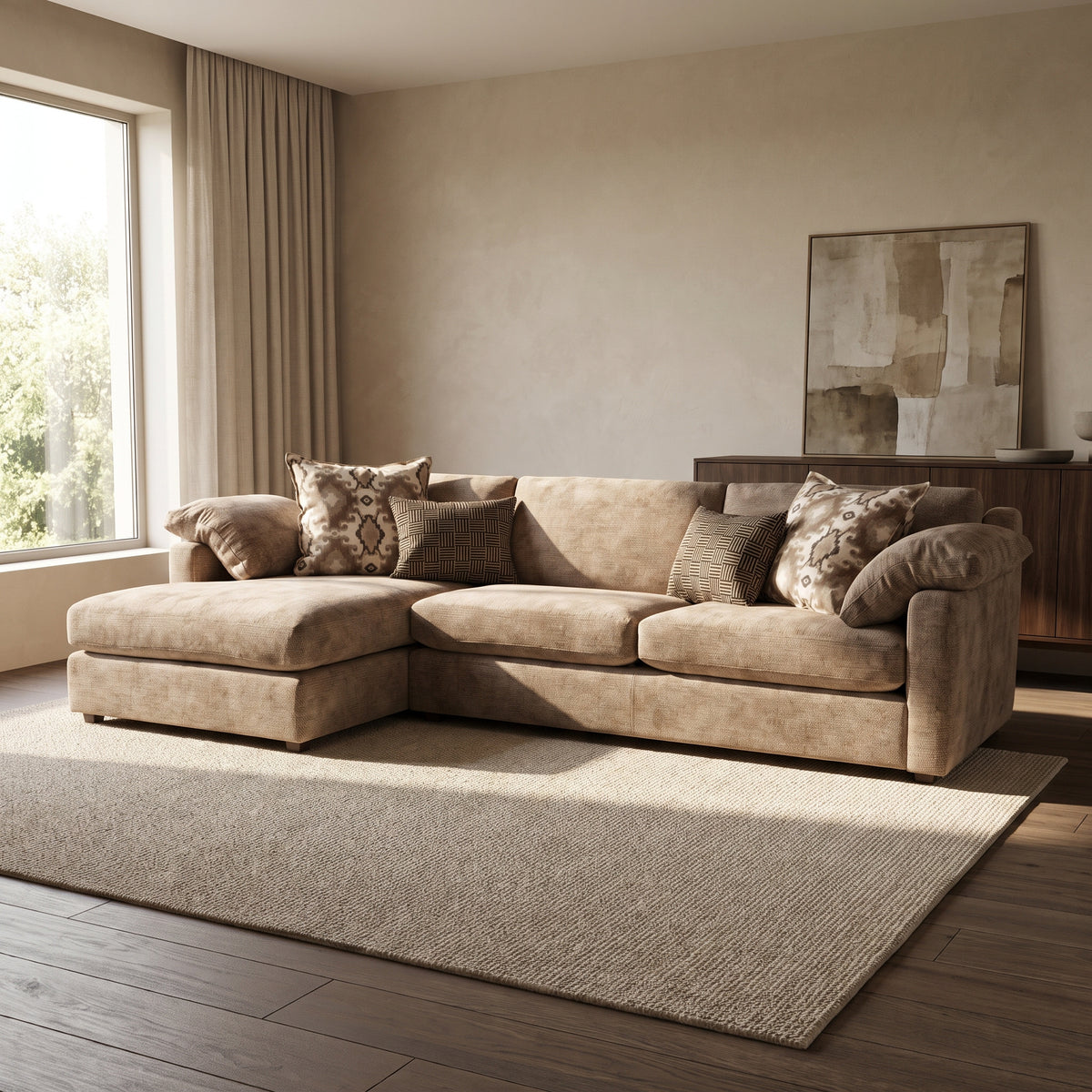 Ashbourne Grande Left Hand Facing Chaise Sofa — main lifestyle view in a warm stone and walnut living room