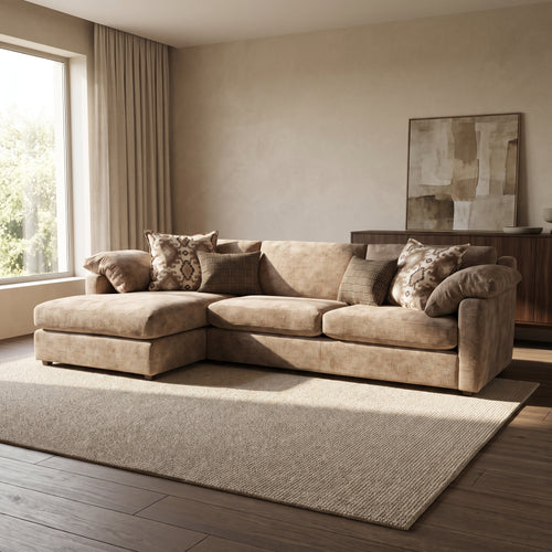 Ashbourne Grande Left Hand Facing Chaise Sofa — main lifestyle view in a warm stone and walnut living room