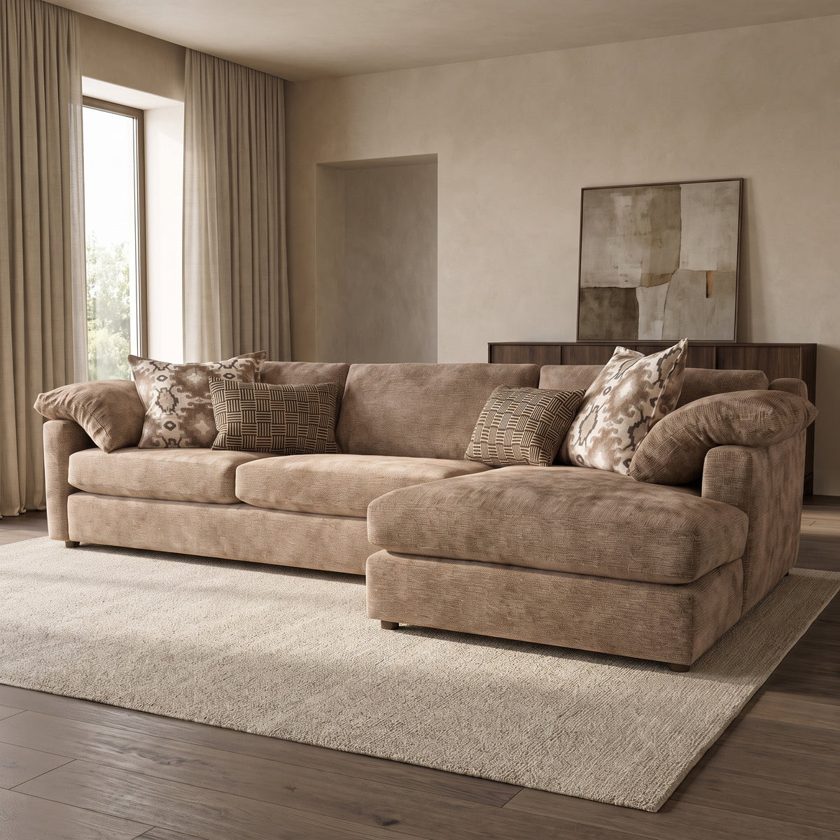 Ashbourne Grande Right Hand Facing Chaise Sofa — main lifestyle view in a warm stone and walnut living room