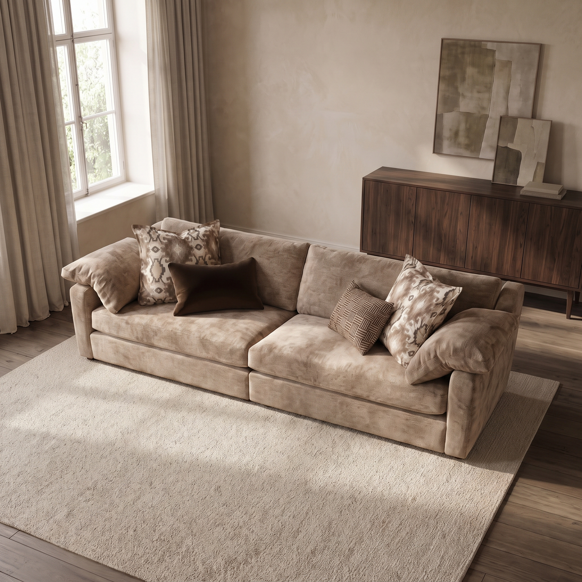 Ashbourne Grande Split Sofa — elevated camera view in a warm stone and walnut living room