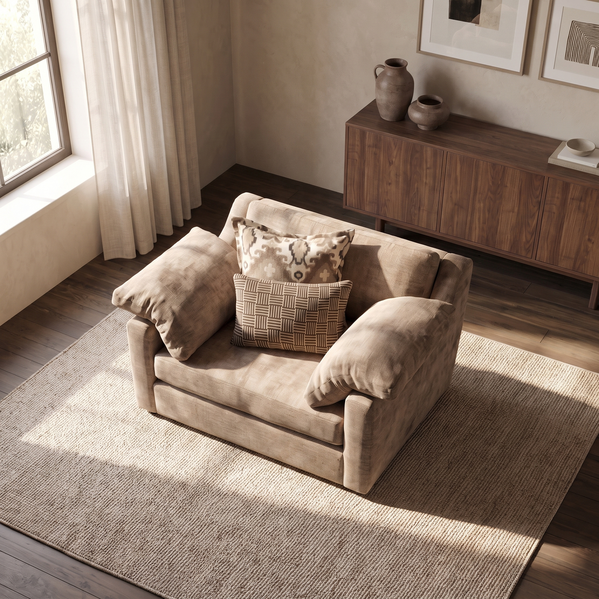 Ashbourne Loveseat Sofa — elevated camera view in a warm stone and walnut living room