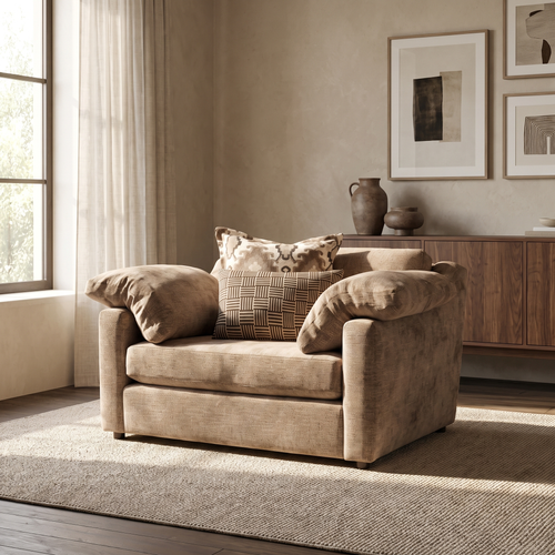 Ashbourne Loveseat Sofa — main lifestyle view in a warm stone and walnut living room