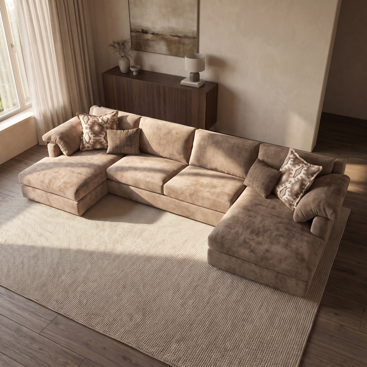 Ashbourne Super Grande Double Chaise Sofa — elevated camera view in a warm stone and walnut living room