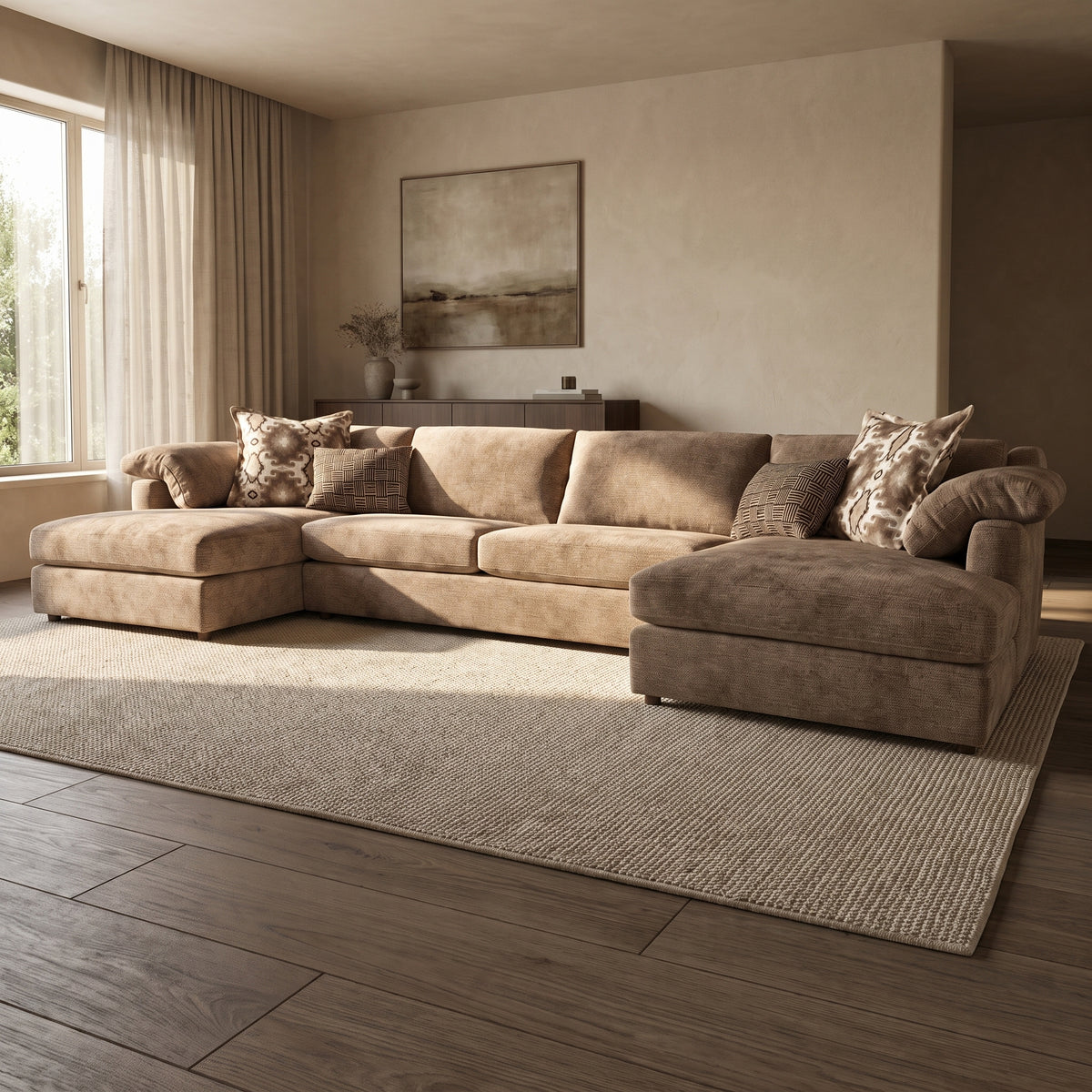 Ashbourne Super Grande Double Chaise Sofa — main lifestyle view in a warm stone and walnut living room