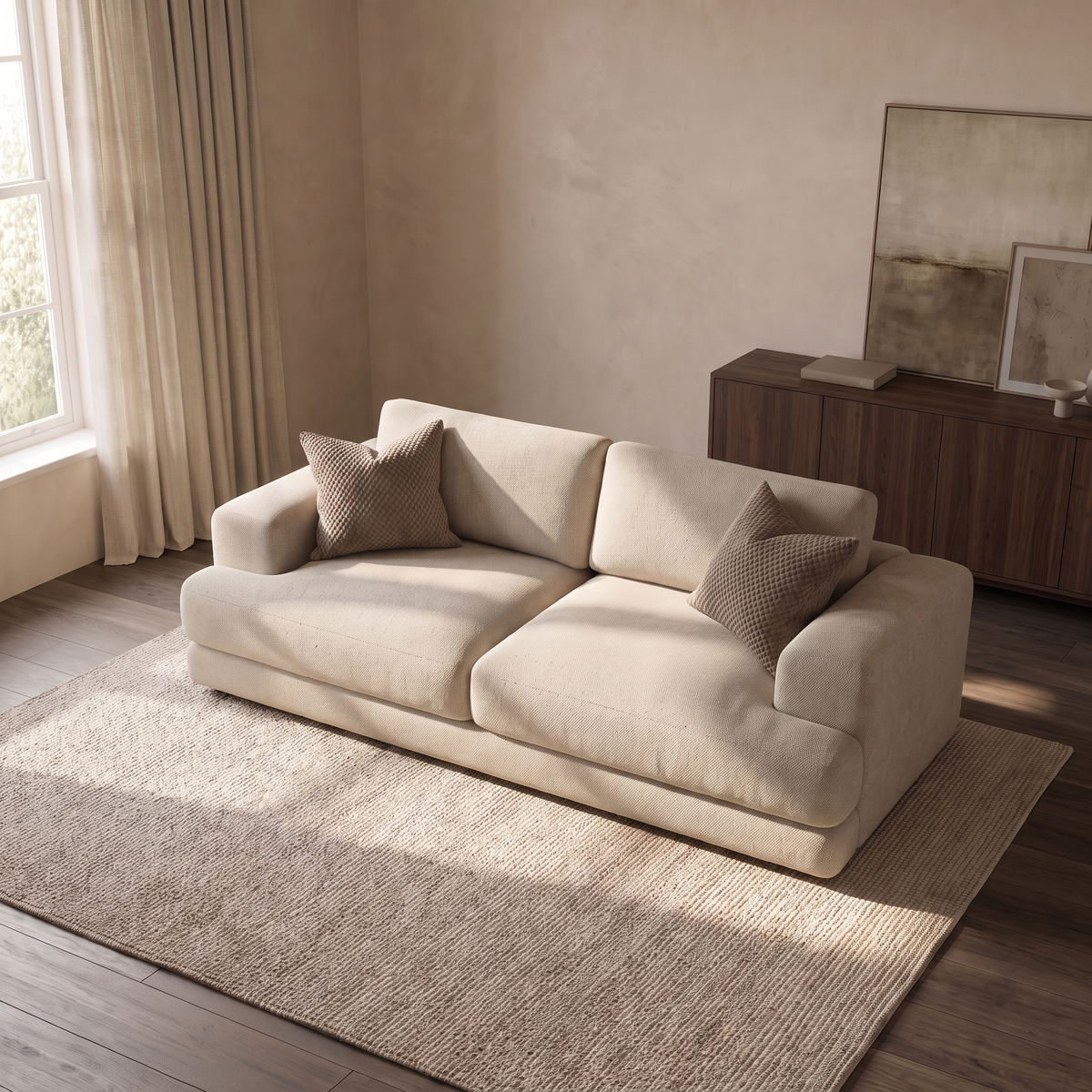 Aurelia 3 Seater Sofa — elevated camera view in a warm stone and walnut living room