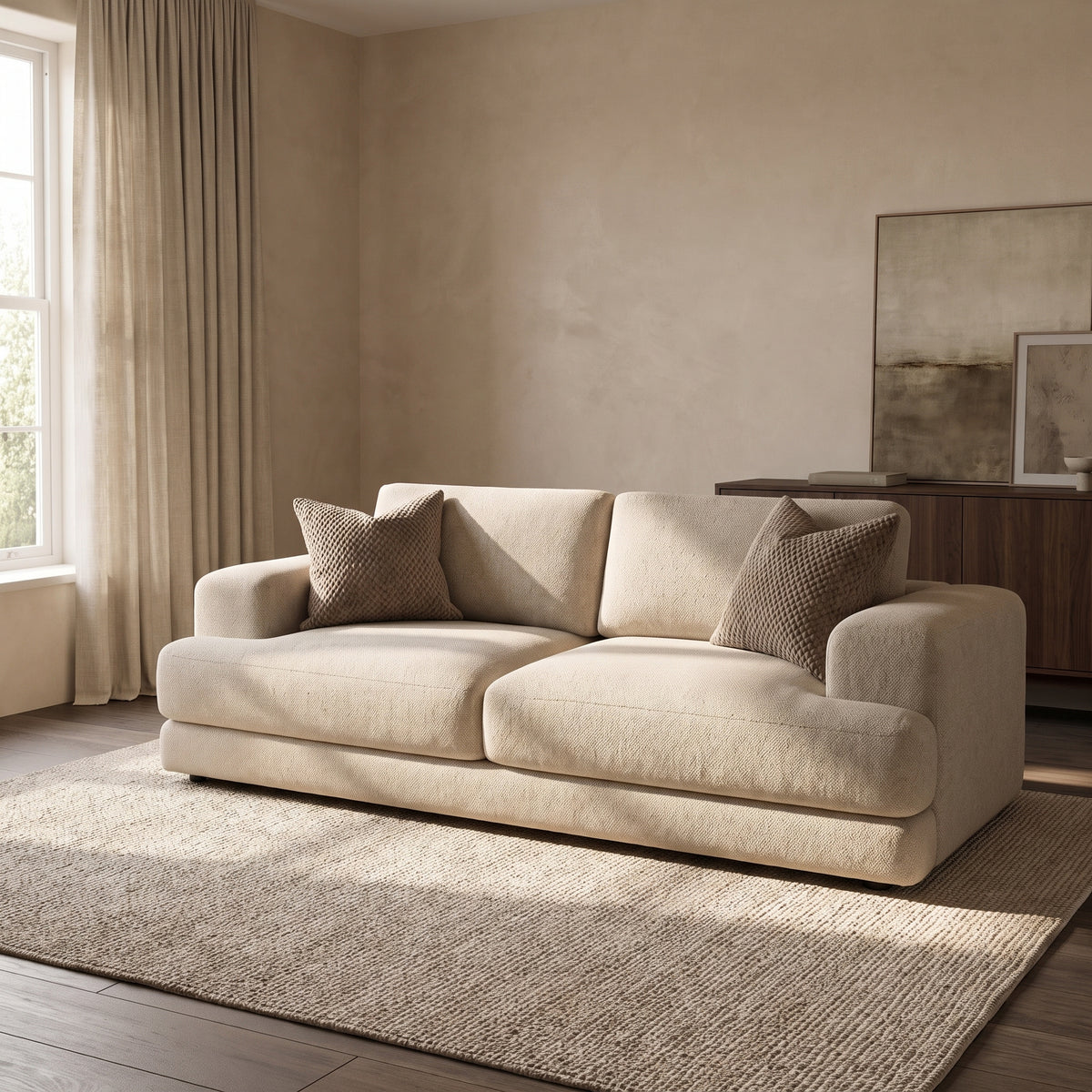 Aurelia 3 Seater Sofa — main lifestyle view in a warm stone and walnut living room