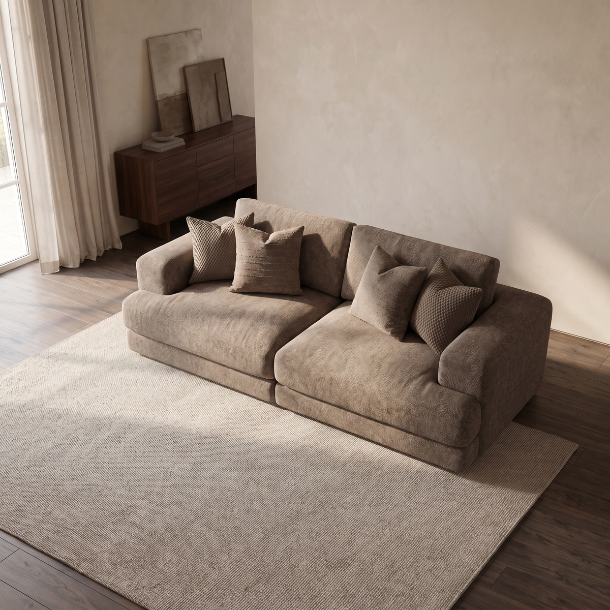 Aurelia 4 Seater Split Sofa — elevated camera view in a warm stone and walnut living room