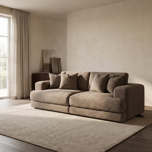 Aurelia 4 Seater Split Sofa — main lifestyle view in a warm stone and walnut living room