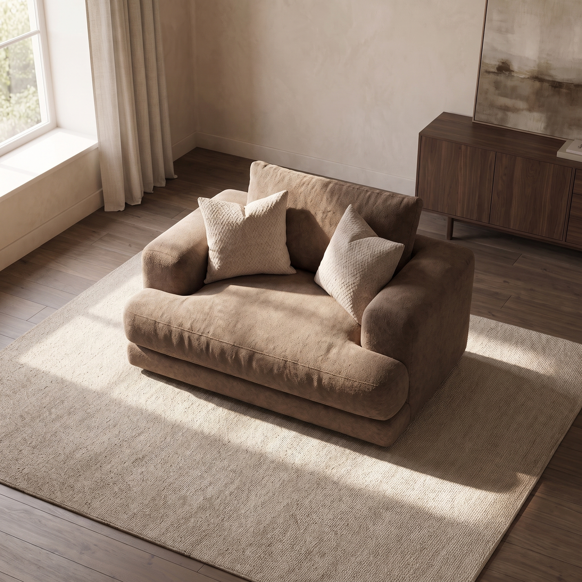 Aurelia Cuddler Love Seat — elevated camera view in a warm stone and walnut living room
