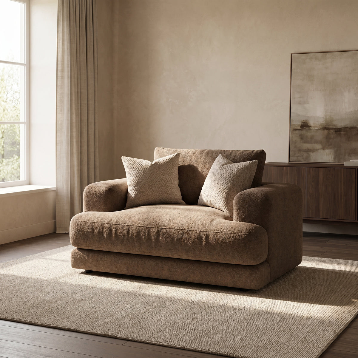 Aurelia Cuddler Love Seat — main lifestyle view in a warm stone and walnut living room